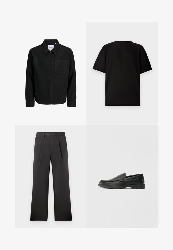 Fekete, zipzáros dzseki gallérral és egyetlen mellzsebbel, fehér háttéren.; Fekete, rövid ujjú póló bordázott anyagból. Kerek nyakú, laza szabású, sima tapintású. Csak hátulról látható.; Fekete, plisszírozott nadrág, egyenes fazonnal, sima anyagból készült. Gombos záródással és övhurkokkal rendelkezik a deréknál.; Fekete bőr mokaszinok sima felülettel, a mokaszin stílusú felsőrésszel, varrott részletezéssel és gumitalppal. Klasszikus dizájn alacsony sarokkal.