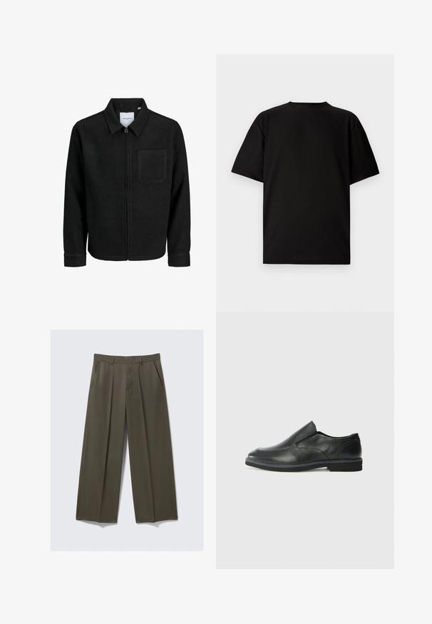 Melna jaka ar rāvējslēdzēju un apkakli, vienu krūšu kabatu, parādīta uz baltas fona.; Melna īsām piedurknēm T-kreklu, kas izgatavots no ribotas auduma. Tam ir apaļa kakla izgriezums un brīvs piegriezums ar gludu tekstūru. Skats tikai no aizmugures.; Olīvu zaļas platās bikses, izgatavotas no gludas auduma. Tām ir priekšējās kabatas, plakans priekšpusi un šūtas krokas struktūras nodrošināšanai.; Melnas ādas slip-on kurpes ar gludu augšdaļu, izšūtām akcentiem, noapaļotu purngala daļu un zemu gumijas papēdi. Zole ar minimālu rakstu.