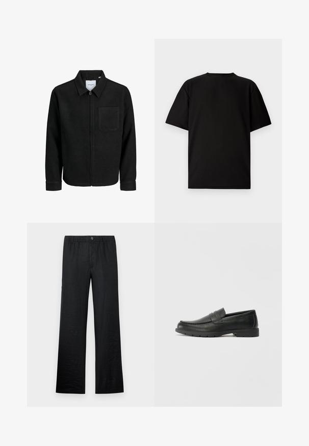 Veste zippée noire avec col et poche poitrine unique, présentée sur fond blanc.; T-shirt noir à manches courtes en tissu côtelé. Présente un col rond et une coupe décontractée avec une texture lisse. Vue arrière uniquement.; Pantalons en lin noir à coupe décontractée, dotés d'une taille élastique et d'un détail en bouton, mettant en valeur une texture lisse et un design à jambes larges.; Mocassins en cuir noir avec une finition lisse, tige de style moccasin, détails cousus et semelle en caoutchouc. Design classique avec un talon bas.