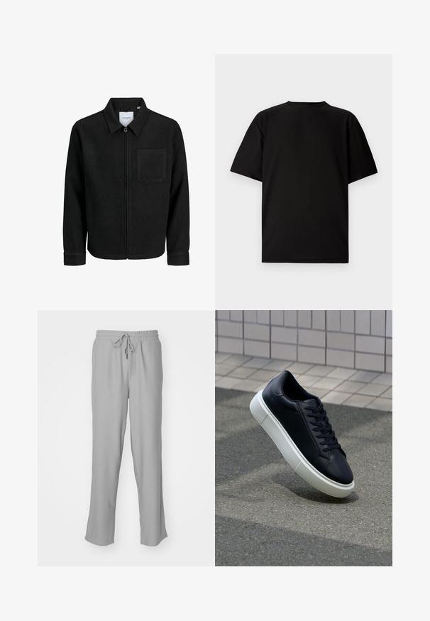 Chaqueta negra con cremallera y cuello, con un solo bolsillo en el pecho, expuesta sobre un fondo blanco.; Camiseta negra de manga corta hecha de tela acanalada. Presenta un cuello redondo y un corte relajado con una textura suave. Vista trasera únicamente.; Pantalones de chándal gris de canalé con cinturilla elástica y cordón ajustable. Cuenta con bolsillos laterales y un corte holgado en las piernas.; Zapatilla de cuero negro con punta redonda y suela de goma blanca. Presenta cordones planos y un mínimo de costuras en la parte superior. Suela texturizada para proporcionar agarre.