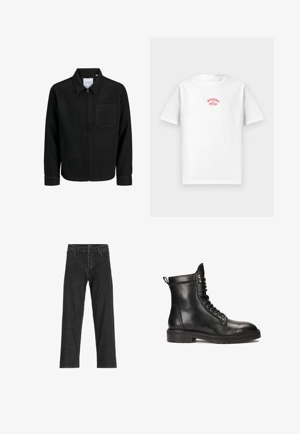 Črna jakna z zadrgo in ovratnikom ter enim žepom na prsih, prikazana na beli podlagi.; Bela bomba majica iz bombaža z rdečim tiskanim dizajnom, ki na prsih govori "Perdido en el paraíso", kratki rokavi, sproščen kroj.; Črne kavbojke z ravnim krojem, ki vključujejo zadrgo, paski in šest žepov, narejene iz trpežne mešanice bombaža.; Kazar Studio CANRERTH - Gležnjarji z vezalkami - black