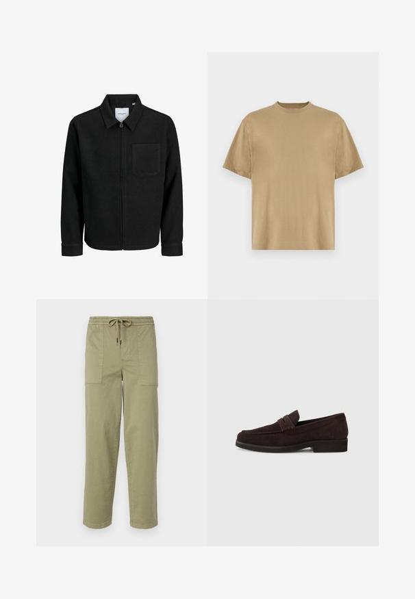 Black zip-up jacket with collar and single chest pocket, displayed on white background.; Khaki short-sleeve T-shirt made of soft fabric, featuring a round neckline and a relaxed fit. No patterns or graphics are visible.; Light olive green pants made of cotton blend fabric, featuring an elastic waistband with drawstring, and two large side pockets.; Brown suede loafers with a low profile and rounded toe. Features a decorative strap across the upper, flat rubber sole, and no visible stitching.