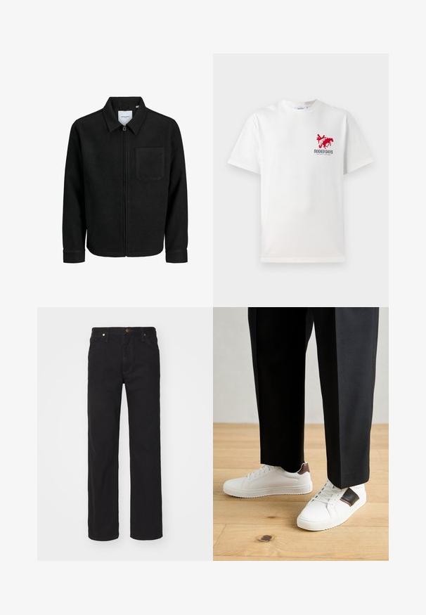 Giacca nera con zip, colletto e una tasca sul petto, mostrata su sfondo bianco.; T-shirt bianca in cotone con una grafica rossa di un cowboy e un cavallo sul petto a sinistra, accompagnata dal testo "RODEO DAYS" sotto il design.; Jeans in denim nero con design a gamba dritta, dotati di chiusura a bottone, cinque tasche e dettagli in hardware tono rame.; Sneakers bianchi dalla texture liscia, con dettagli in pelle marrone e particolari neri, abbinati a pantaloni neri su misura. Sfondo in parquet.