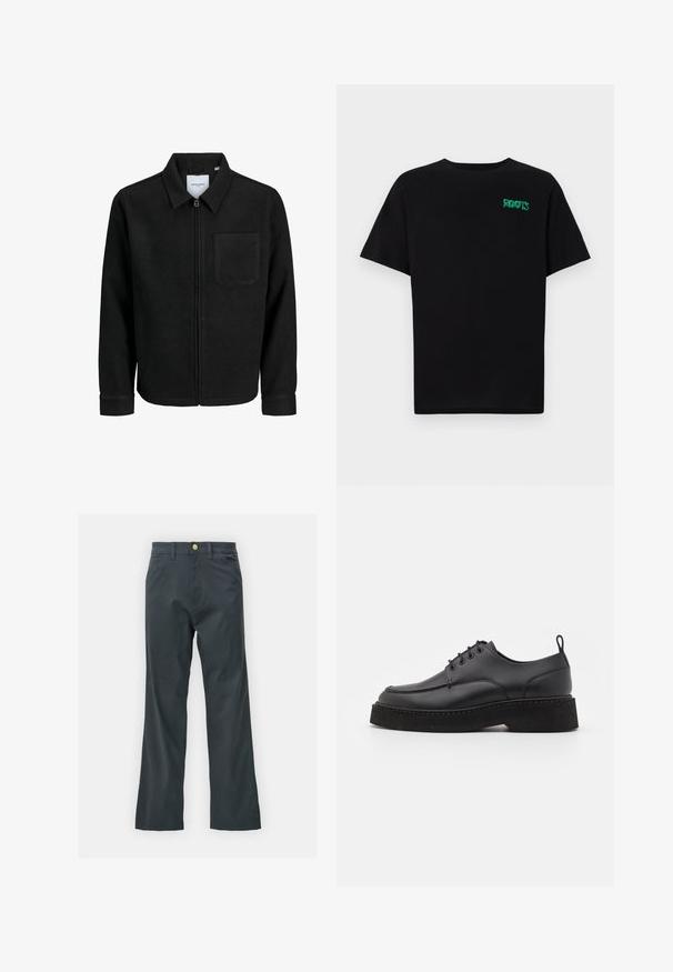 Jachetă neagră cu fermoar, cu guler și un singur buzunar pe piept, expusă pe fundal alb.; Tricou negru din bumbac, cu mâneci scurte. Prezintă un logo verde "ROOTS" pe față, guler rotund și o potrivire standard.; Pantaloni negri cu croi drept, confecționați dintr-un material din bumbac. Dispun de un închidere cu nasture metalic și buzunare laterale. Fără modele vizibile.; Pantofii din piele neagră, cu șireturi, au vârful rotunjit, talpa groasă neagră și cusături decorative de-a lungul marginii. Textură netedă.