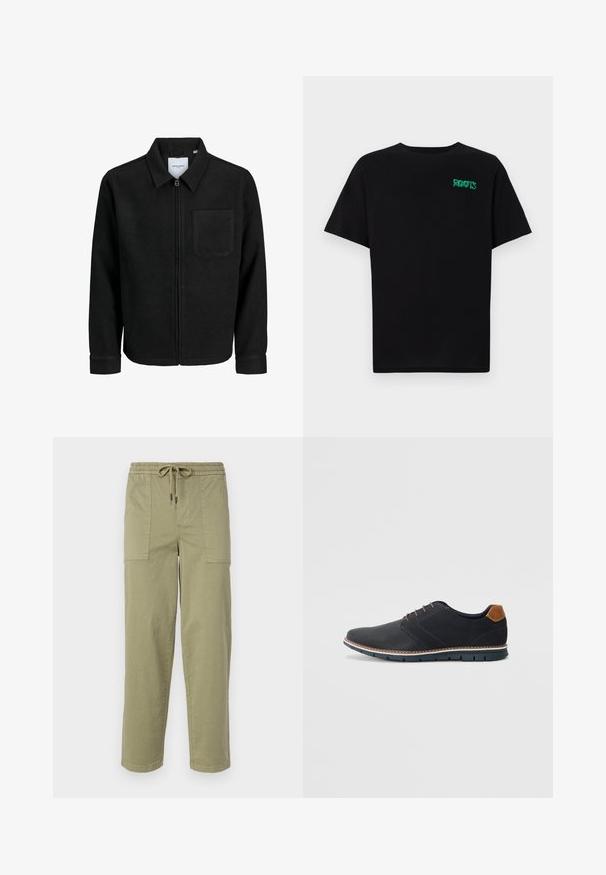 Črna jakna z zadrgo in ovratnikom ter enim žepom na prsih, prikazana na beli podlagi.; Črna majica iz bombaža z kratkimi rokavi. Na sprednji strani ima zeleno logotip "ROOTS", okroglo ovratnico in standardno prileganje.; Hlače svetlo olivno zelene barve, izdelane iz bombažne mešanice, z elastičnim pasom in vrvico ter dvema velikima stranskima žepoma.; Črne sintetične čevlje z teksturirano zgornjščino, gladkimi akcenti, rjavim petnim delom in kontrastnim podplatom. Imajo minimalno vezanje in detajle šivanja.