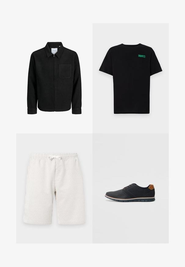 Veste zippée noire avec col et poche poitrine unique, présentée sur fond blanc.; T-shirt noir en coton à manches courtes. Présente un logo "ROOTS" vert sur le devant, un col rond et une coupe standard.; Shorts rayés beige clair avec une taille élastique et un cordon de serrage. La texture semble douce et le tissu présente un léger motif vertical.; Chaussures synthétiques noires avec un dessus texturé, accents lisses, talon marron et semelle contrastante. Présente un laçage minimal et des détails de couture.