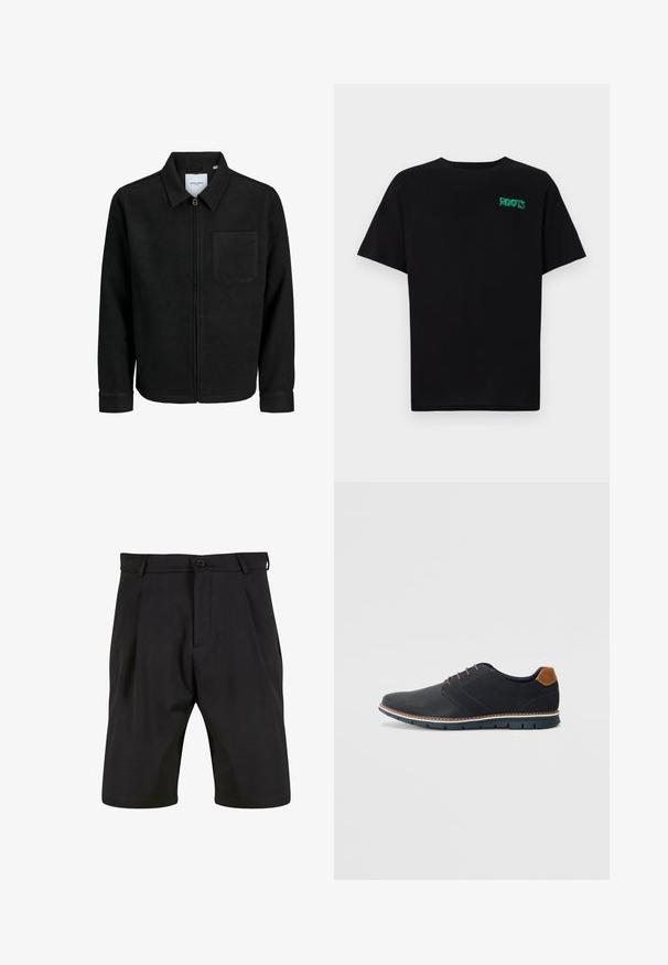 Veste zippée noire avec col et poche poitrine unique, présentée sur fond blanc.; T-shirt noir en coton à manches courtes. Présente un logo "ROOTS" vert sur le devant, un col rond et une coupe standard.; Shorts noirs en tissu lisse avec une coupe ajustée, dotés d'une fermeture à bouton à l'avant, de plis et de poches latérales.; Chaussures synthétiques noires avec un dessus texturé, accents lisses, talon marron et semelle contrastante. Présente un laçage minimal et des détails de couture.