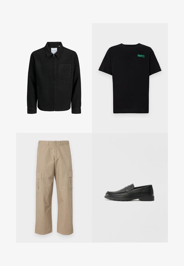 Melna jaka ar rāvējslēdzēju un apkakli, vienu krūšu kabatu, parādīta uz baltas fona.; Melna kokvilnas t-kreka ar īsām piedurknēm. Uz priekšu ir zaļa "ROOTS" logo, apaļa kakla izgriezums un standarta piegriezums.; Kreklu bikses ar taisnu kāju dizainu, tās ir gaiši brūnas krāsas un aprīkotas ar divām sānu kabatām, kā arī standarta pogu aizdari jostasvietā. Viegla kokvilnas auduma.; Melnas ādas loafers ar gludu apdari, mokasīnu stila augšdaļu, šūtu detalizāciju un gumijas zoli. Klasisks dizains ar zemu papēdi.