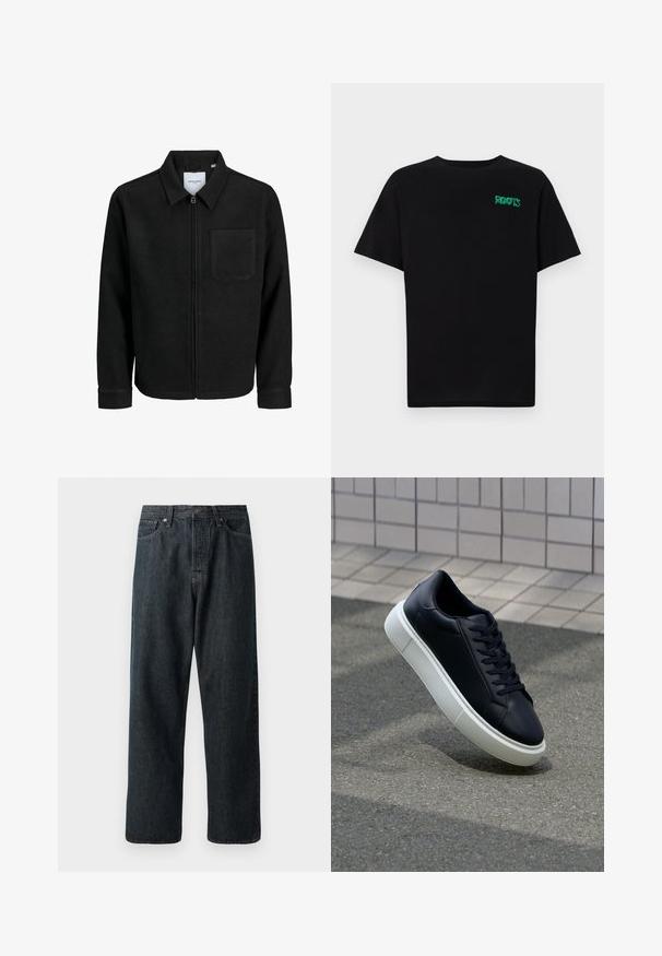 Chaqueta negra con cremallera y cuello, con un solo bolsillo en el pecho, expuesta sobre un fondo blanco.; Camiseta negra de algodón con mangas cortas. Presenta un logo verde "ROOTS" en el frente, escote redondo y corte estándar.; Jeans de mezclilla oscura con un diseño de pierna recta, que cuentan con un diseño tradicional de cinco bolsillos y un cierre de botón metálico en la cintura.; Zapatilla de cuero negro con punta redonda y suela de goma blanca. Presenta cordones planos y un mínimo de costuras en la parte superior. Suela texturizada para proporcionar agarre.