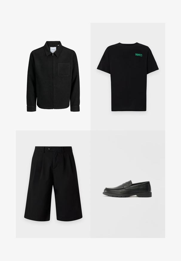 Veste zippée noire avec col et poche poitrine unique, présentée sur fond blanc.; T-shirt noir en coton à manches courtes. Présente un logo "ROOTS" vert sur le devant, un col rond et une coupe standard.; Jack & Jones JPSTBILL FLINT - Short - black; Mocassins en cuir noir avec une finition lisse, tige de style moccasin, détails cousus et semelle en caoutchouc. Design classique avec un talon bas.