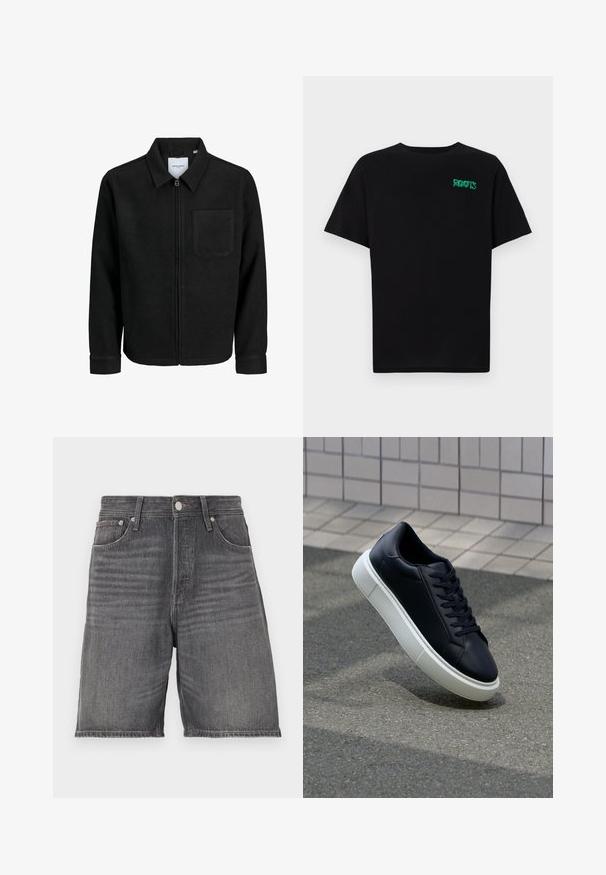 Giacca nera con zip, colletto e una tasca sul petto, mostrata su sfondo bianco.; T-shirt nera in cotone con maniche corte. Presenta un logo verde "ROOTS" sulla parte frontale, colletto rotondo e vestibilità standard.; Shorts di denim grigio scuro con taglio dritto. Presentano cinque tasche, una vita con passanti per cintura e una chiusura con bottone.; Sneaker in pelle nera con punta arrotondata e suola in gomma bianca. Presenta lacci piatti e cuciture minime sulla parte superiore. Suola testurizzata per una migliore aderenza.