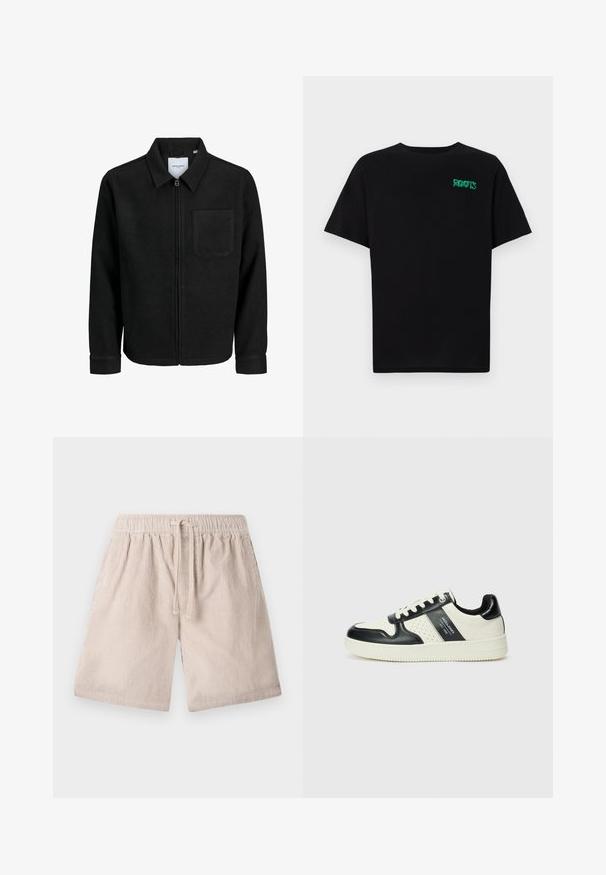 Melna jaka ar rāvējslēdzēju un apkakli, vienu krūšu kabatu, parādīta uz baltas fona.; Melna kokvilnas t-kreka ar īsām piedurknēm. Uz priekšu ir zaļa "ROOTS" logo, apaļa kakla izgriezums un standarta piegriezums.; Beidz beige krāsu corduroy šorti ar elastīgu jostas vietu un šnori, ar vertikālu ribu tekstūru un sānu kabatām.; Ādas sporta apavi ar melnbaltu krāsu shēmu, ar perforētiem akcentiem, mīkstinātu apkakli un teksturētu zoli.