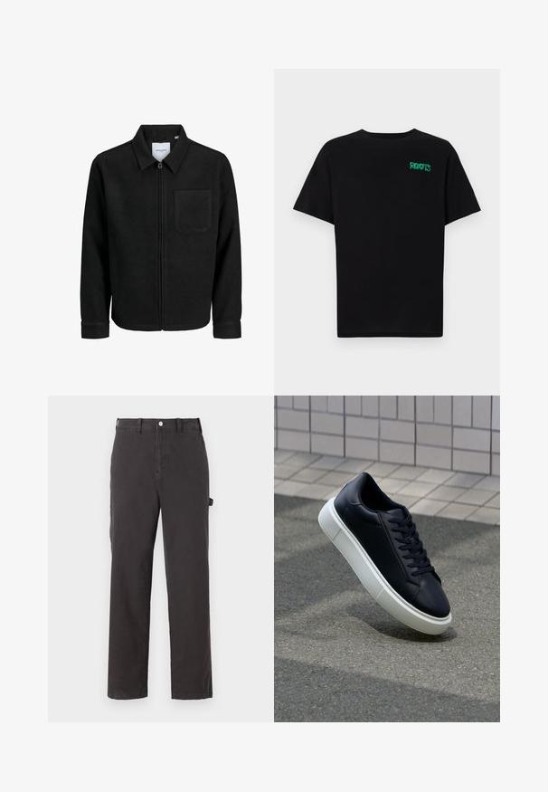 Giacca nera con zip, colletto e una tasca sul petto, mostrata su sfondo bianco.; T-shirt nera in cotone con maniche corte. Presenta un logo verde "ROOTS" sulla parte frontale, colletto rotondo e vestibilità standard.; Pantaloni in cotone grigio scuro con un design a gamba dritta, dotati di chiusura frontale con bottone e tasche laterali, realizzati in tessuto resistente.; Sneaker in pelle nera con punta arrotondata e suola in gomma bianca. Presenta lacci piatti e cuciture minime sulla parte superiore. Suola testurizzata per una migliore aderenza.