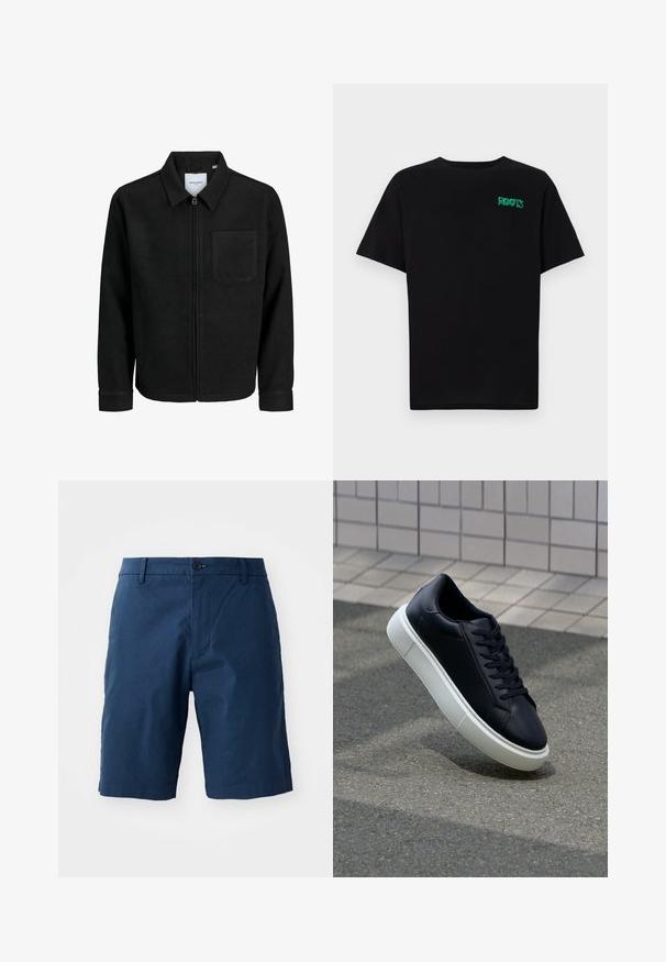 Čierna zipsová bunda s golierom a jednou náprsníkou, vystavená na bielom pozadí.; Čierne tričko s krátkymi rukávmi vyrobené z bavlny. Na prednej strane má zelené logo "ROOTS", okrúhly výstrih a štandardný strih.; Námornícky modré šortky z ľahkej tkaniny, s plochým predným dielom, zapínaním na gombík, bočnými vreckami a hladkou textúrou.; Čierne kožené tenisky s okrúhlou špičkou a bielou gumovou podrážkou. Majú ploché šnúrky a minimálne šitie na vrchu. Textúrovaná podrážka pre lepšiu priľnavosť.