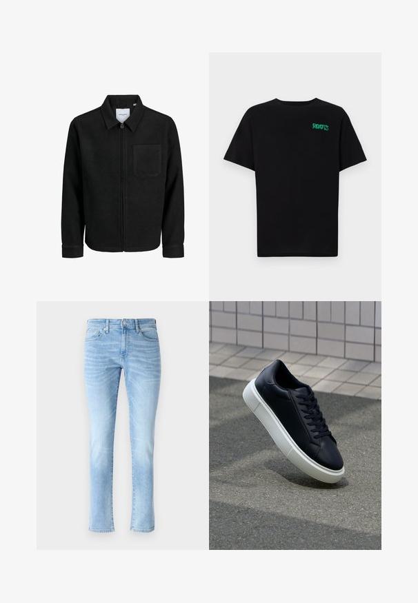 Melna jaka ar rāvējslēdzēju un apkakli, vienu krūšu kabatu, parādīta uz baltas fona.; Melna kokvilnas t-kreka ar īsām piedurknēm. Uz priekšu ir zaļa "ROOTS" logo, apaļa kakla izgriezums un standarta piegriezums.; Gai zilo džinsu bikses ar šauru piegriezumu, piecu kabatu dizainu un viegli izbalējušām detaļām, ar klasisku taisnu kāju griezumu un pogu aizdari.; Melnas ādas kedas ar noapaļotu pirkstu un baltu gumijas zoli. Iespējas - plakanas šņorītes un minimāla apdare augšdaļā. Struktūrēta zole, lai nodrošinātu saķeri.
