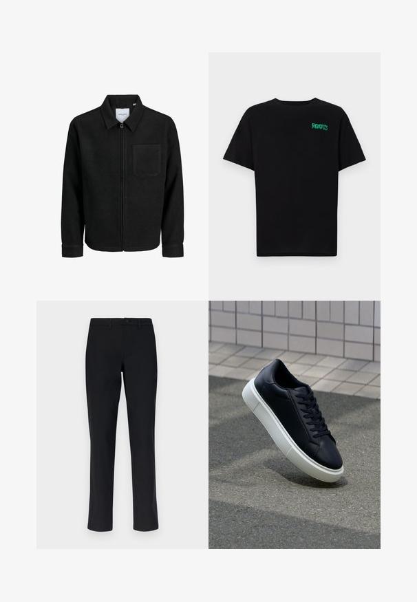Černá zipová bunda s límečkem a jednou kapsou na hrudi, vystavená na bílém pozadí.; Černé tričko vyrobené z bavlny s krátkým rukávem. Na přední straně se nachází zelené logo "ROOTS", kulatý výstřih a standardní střih.; Černé kalhoty s hladkou texturou, rovný střih nohavic, standardní pas s knoflíkovým zapínáním a bez viditelných vzorů nebo akcentů.; Černé kožené tenisky s kulatou špičkou a bílou gumovou podrážkou. mají ploché tkaničky a minimální šití na svršku. Texturovaná podrážka pro lepší přilnavost.