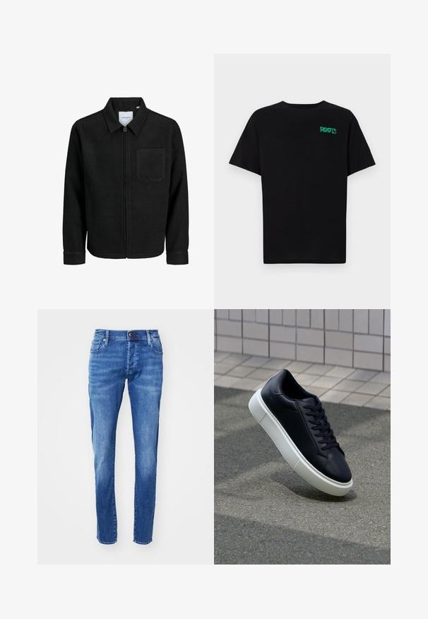 Chaqueta negra con cremallera y cuello, con un solo bolsillo en el pecho, expuesta sobre un fondo blanco.; Camiseta negra de algodón con mangas cortas. Presenta un logo verde "ROOTS" en el frente, escote redondo y corte estándar.; Jeans de mezclilla azul con un corte recto, diseño de cinco bolsillos y un acabado desgastado. Cuenta con un cierre frontal de botón y presillas para cinturón.; Zapatilla de cuero negro con punta redonda y suela de goma blanca. Presenta cordones planos y un mínimo de costuras en la parte superior. Suela texturizada para proporcionar agarre.