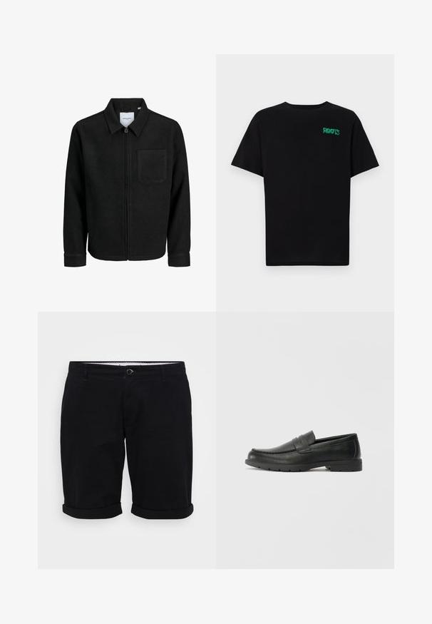 Črna jakna z zadrgo in ovratnikom ter enim žepom na prsih, prikazana na beli podlagi.; Črna majica iz bombaža z kratkimi rokavi. Na sprednji strani ima zeleno logotip "ROOTS", okroglo ovratnico in standardno prileganje.; Črne bombažne kratke hlače s ravnim krojem, zavihanimi robovi in sprednjim gumbom za zapiranje. Imajo žepe in vzorčasto notranjo pasnico.; Črne usnjene loafer čevlje z gladko površino, zgornjim delom v slogu mokasin, šivanimi detajli in gumijastim podplatom. Klasična zasnova z nizko peto.