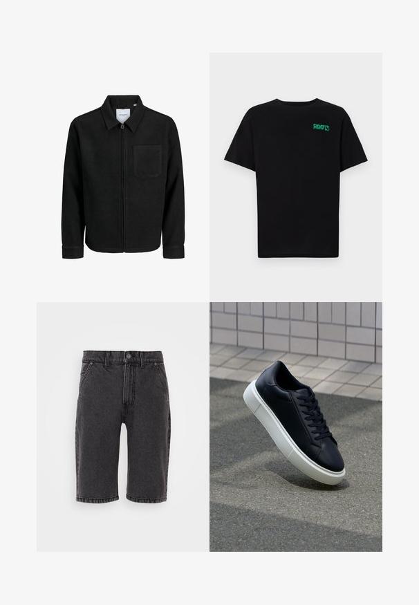 Mustaga lukuga jakker, millel on krae ja üks rinna-tasku, esitatud valgel taustal.; Must t-särk, mis on valmistatud puuvillast, lühikeste varrukatega. Esipaneelil on roheline "ROOTS" logo, ümmargune kaelus ja tavapärane lõige.; Mustad denim lühikesed püksid, sirge lõikega, millel on nööp ja lukuga sulgemine, viis taskut ning õrna tikandi detailid.; Mustast nahast tennisetoss, millel on ümar nina ja valge kummist tall. Omab siredaid paelu ja minimaalset õmblemist ülemises osas. Tekstuuriga tald, mis tagab haakuvuse.