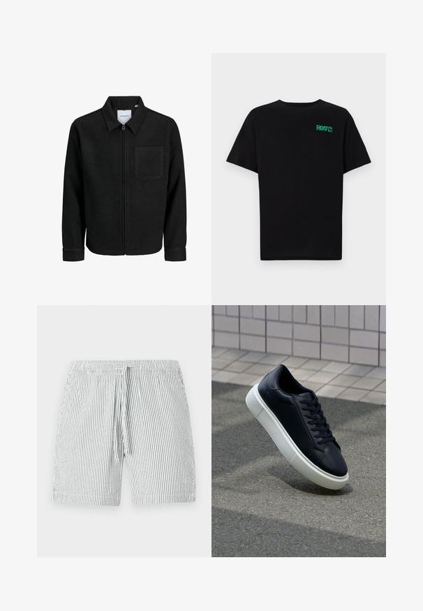 Veste zippée noire avec col et poche poitrine unique, présentée sur fond blanc.; T-shirt noir en coton à manches courtes. Présente un logo "ROOTS" vert sur le devant, un col rond et une coupe standard.; Shorts de bain rayés en gris et blanc, avec une taille élastique à cordon de serrage, conception mi-longue et matériau doux et léger.; Baskets noires en cuir avec bout arrondi et semelle en caoutchouc blanc. Elles présentent des lacets plats et une couture minimale sur la tige. Semelle texturée pour une bonne adhérence.