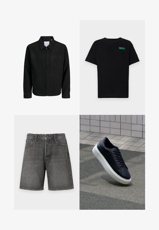 Juodas džemperis su užtrauktuku, apykakle ir vienu krūtiniu kišenėje, pristatytas baltame fone.; Juodas medvilninis marškinėliai trumpomis rankovėmis. Priekyje yra žalias „ROOTS“ logotipas, apvalus iškirpimas ir standartinė prigludimo forma.; Tamsiai pilki džinsiniai šortai su klasikinio penkių kišenių dizainu, su sagčių ir užtrauktuku, tiesiu siluetu ir šiek tiek nusidėvėjusiu tekstūru.; Juodas odinis sportbačius su apvaliu pirštu ir baltu gumuotu padu. Turi plokščias raišteles ir minimalų siuvimą viršuje. Padangos tekstūra užtikrina sukibimą.