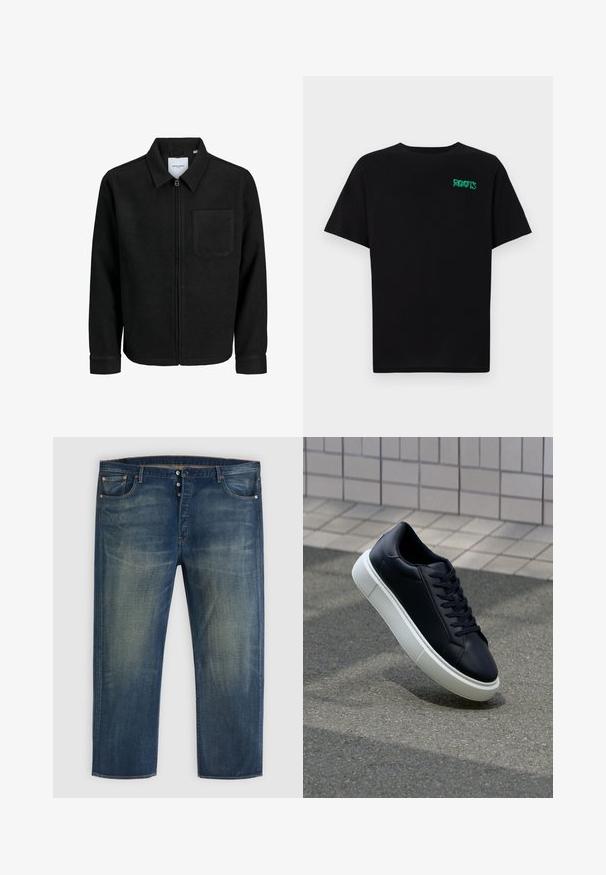 Črna jakna z zadrgo in ovratnikom ter enim žepom na prsih, prikazana na beli podlagi.; Črna majica iz bombaža z kratkimi rokavi. Na sprednji strani ima zeleno logotip "ROOTS", okroglo ovratnico in standardno prileganje.; Modri traper hlače z gumbom na zadrgo, klasičen petžepni dizajn in zbledelim detajlom na stegnih in kolenih.; Črne usnjene superge z zaobljenim prstom in belim gumijastim podplat. Imajo ravne vezalke in minimalno šivanje na zgornjem delu. Teksturirani podplat za oprijem.
