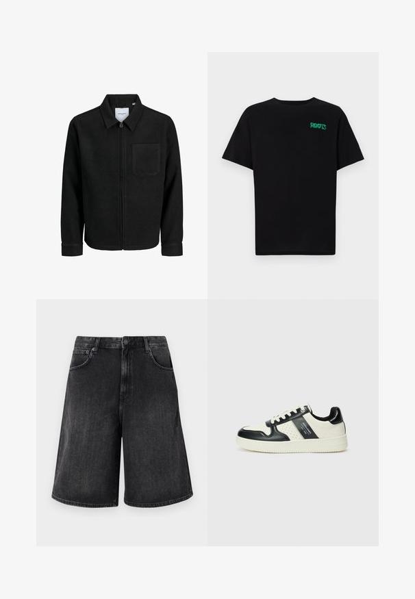 Black zip-up jacket with collar and single chest pocket, displayed on white background.; Black t-shirt made of cotton with short sleeves. Features a green "ROOTS" logo on the front, round neckline, and standard fit.; Black denim shorts with a wide, straight cut, featuring a front button closure and five pockets. Soft texture with a faded finish.; Leather sneakers with a black and cream color scheme, featuring perforated accents, a padded collar, and a textured outsole.