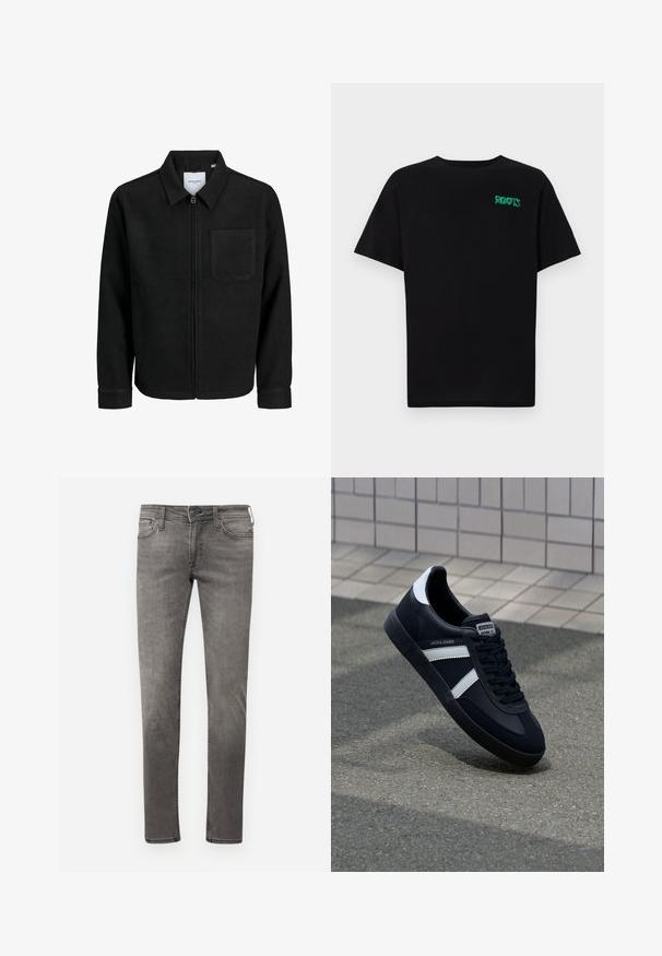 Chaqueta negra con cremallera y cuello, con un solo bolsillo en el pecho, expuesta sobre un fondo blanco.; Camiseta negra de algodón con mangas cortas. Presenta un logo verde "ROOTS" en el frente, escote redondo y corte estándar.; Jeans gris descoloridos de corte slim, con cinco bolsillos y costuras en contraste. Incluyen una cremallera en la bragueta y trabillas para el cinturón. Diseño minimalista.; Zapatilla de cuero negra con rayas blancas, suela de goma texturizada y parte frontal con cordones. Cuenta con una etiqueta de marca en la lengüeta.