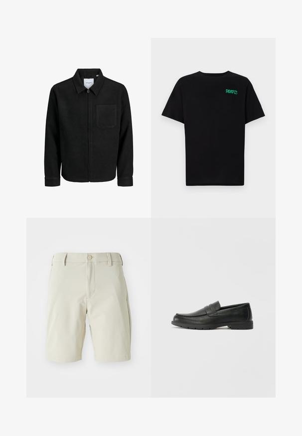 Mustaga lukuga jakker, millel on krae ja üks rinna-tasku, esitatud valgel taustal.; Must t-särk, mis on valmistatud puuvillast, lühikeste varrukatega. Esipaneelil on roheline "ROOTS" logo, ümmargune kaelus ja tavapärane lõige.; Beežid lühikesed püksid, mis on valmistatud kergest kangast, millel on lame eesosa, vööloopide ja üks nupuvajutus. Lihtne, puhas disain ilma mustriteta.; Musthave nahkkingad siledast nahast, mokassiini stiilis ülevalt, tikanditega ja kummist tallaga. Klassikaline disain madala kontsaga.