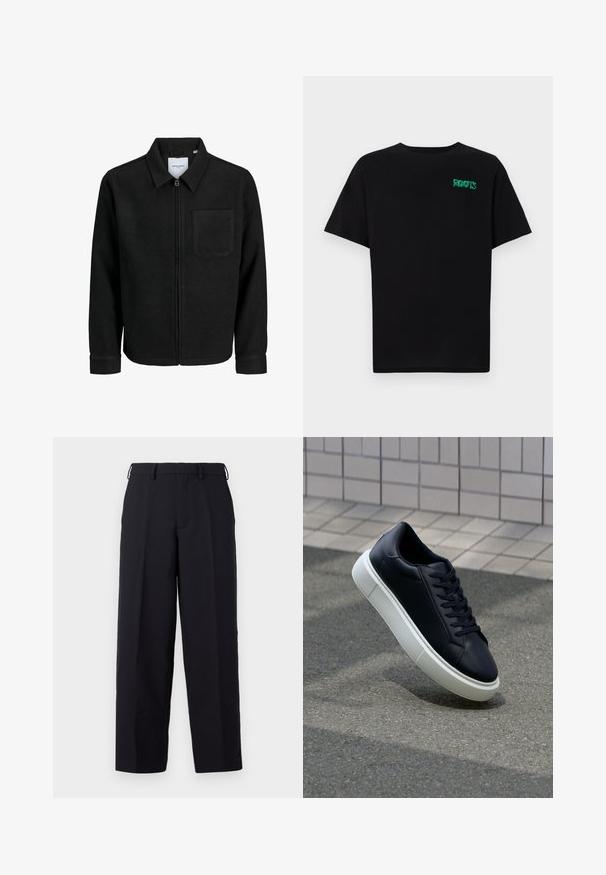 Sort lynlåsjakke med krave og en enkelt brystlomme, vist på hvid baggrund.; Sort t-shirt lavet af bomuld med korte ærmer. Har et grønt "ROOTS" logo på forsiden, rund halsudskæring og almindelig pasform.; Abercrombie & Fitch Baggy Trouser - Bukser - casual black; Sort lædersneaker med rund tå og hvid gummisål. Har flade snørebånd og minimal syning på overdelen. Tekstureret sål for bedre greb.