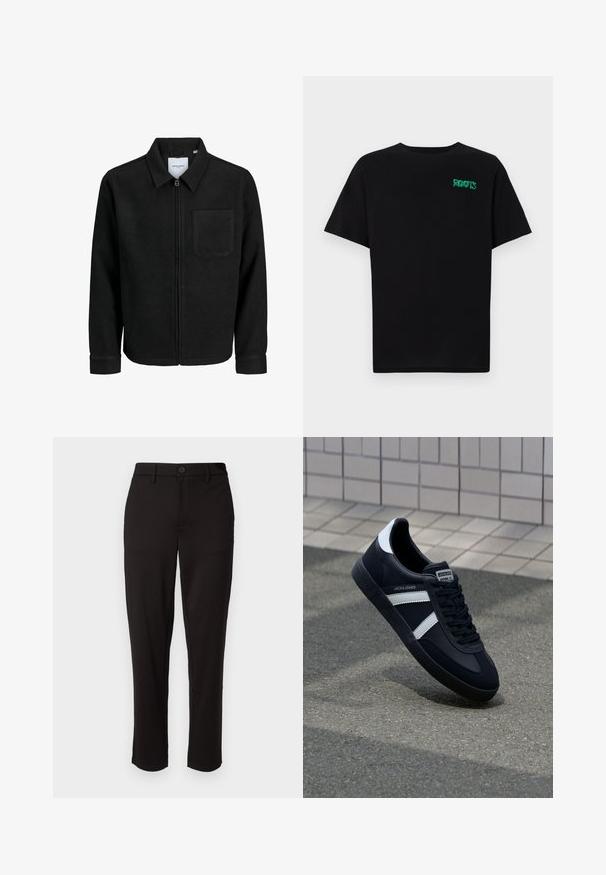 Veste zippée noire avec col et poche poitrine unique, présentée sur fond blanc.; T-shirt noir en coton à manches courtes. Présente un logo "ROOTS" vert sur le devant, un col rond et une coupe standard.; Pantalon noir en tissu léger, avec une coupe droite, fermeture à bouton à l'avant, passants de ceinture et poches latérales.; Sneaker en cuir noir avec des rayures blanches, semelle en caoutchouc texturée et devant à lacets. Présente une étiquette de marque sur la languette.
