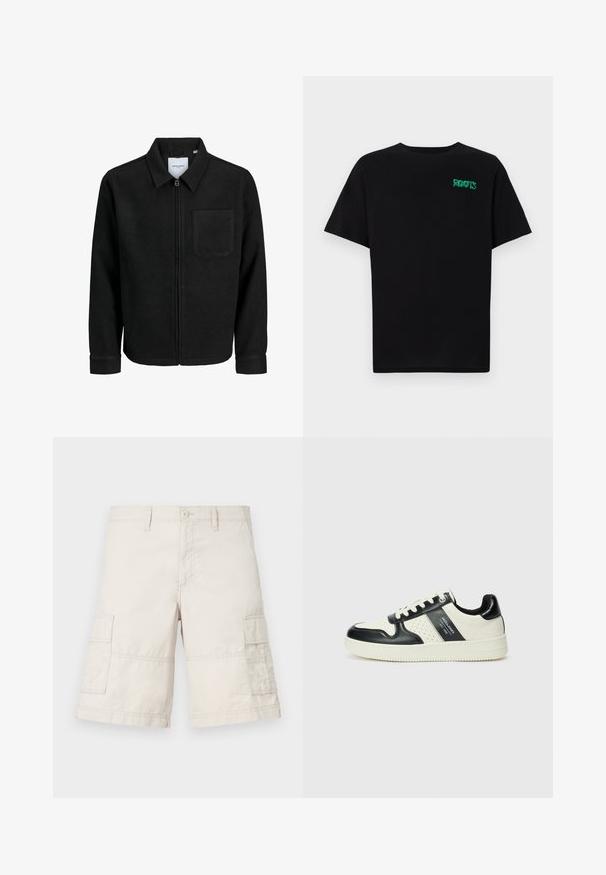 Veste zippée noire avec col et poche poitrine unique, présentée sur fond blanc.; T-shirt noir en coton à manches courtes. Présente un logo "ROOTS" vert sur le devant, un col rond et une coupe standard.; Shorts cargo beiges en coton léger, dotés de deux poches latérales, d'un bouton de fermeture à l'avant et de détails de couture.; Baskets en cuir avec un schéma de couleurs noir et crème, dotées d'accents perforés, d'un col rembourré et d'une semelle texturée.