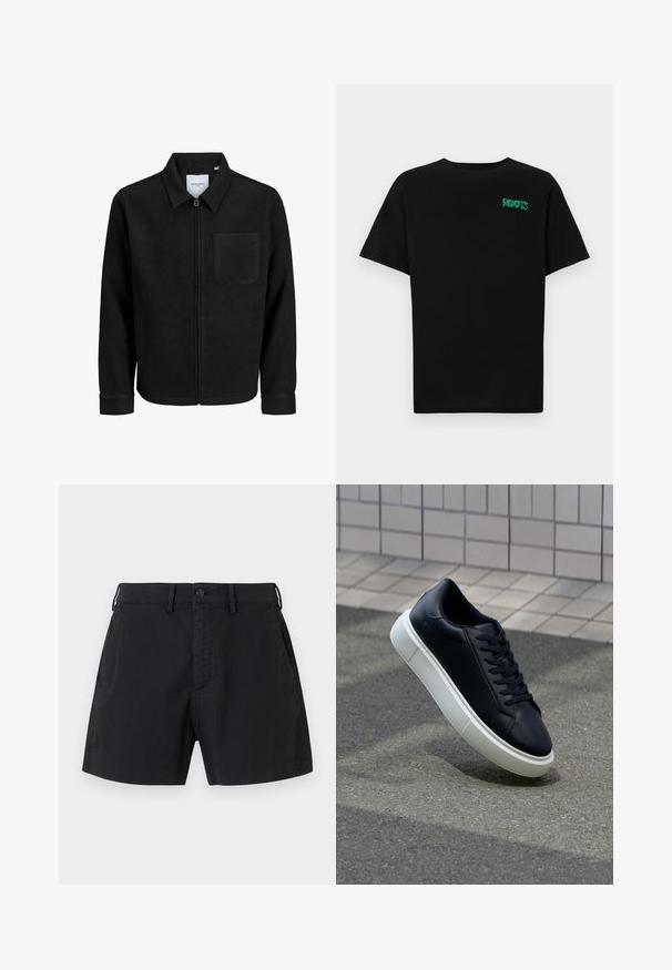 Schwarze Zip-Jacke mit Kragen und einer einzelnen Brusttasche, auf weißem Hintergrund präsentiert.; Schwarzes T-Shirt aus Baumwolle mit kurzen Ärmeln. Auf der Vorderseite befindet sich ein grünes "ROOTS"-Logo, es hat einen runden Halsauschnitt und eine normale Passform.; Schwarze Baumwollshorts mit einem knopfgeknöpften Bund, Seitentaschen und einem geraden Schnitt. Glatte Textur mit minimalistischem Design.; Schwarze Leder-Sneaker mit runder Zehenpartie und weißer Gummisohle. Verfügt über flache Schnürsenkel und minimale Nähte im Obermaterial. Strukturiertes Sohlenprofil für besseren Halt.