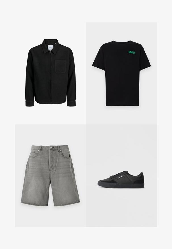 Black zip-up jacket with collar and single chest pocket, displayed on white background.; Black t-shirt made of cotton with short sleeves. Features a green "ROOTS" logo on the front, round neckline, and standard fit.; Gray denim shorts with a classic five-pocket design, cuffed hems, and a button closure. Fabric has a slightly worn texture.; Black sneakers with a mix of leather and suede materials, featuring round laces, textured rubber sole, and a brand logo on the side.