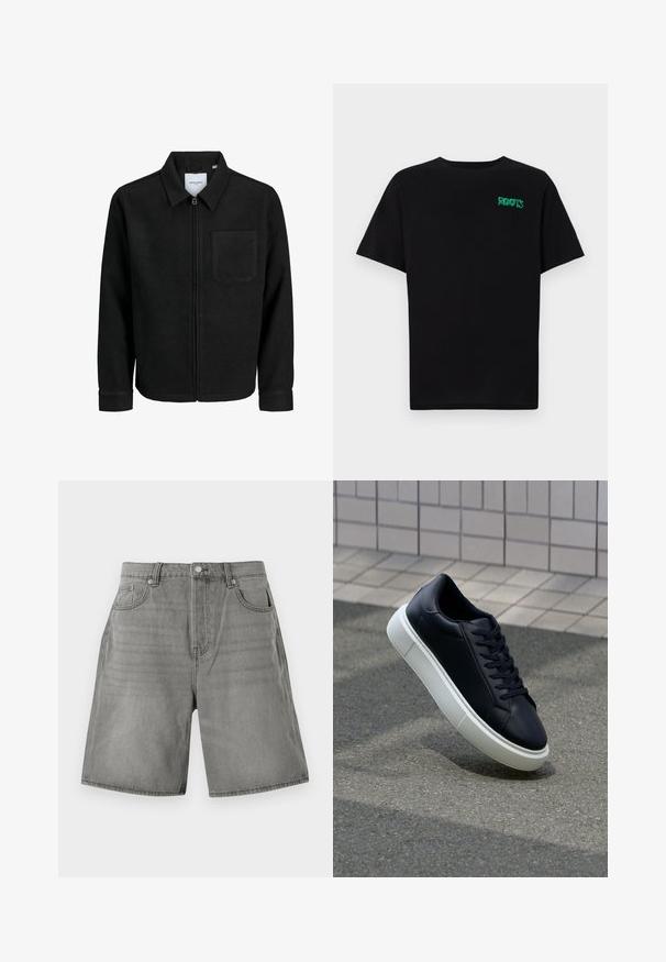 Musta vetoketjullinen takki, jossa on kaulus ja yksi rintatasku, esitelty valkoista taustaa vasten.; Mustat t-paidat, jotka on valmistettu puuvillasta ja joissa on lyhyet hihat. Edessä vihreä "ROOTS"-logo, pyöreä kaula-aukko ja normaali istuvuus.; Harmaat farkkuhousut, joissa on klassinen viiden taskun muotoilu, käärityt lahkeet ja napitus. Kangas on hieman kuluneen näköinen.; Mustat nahkakengät, joissa on pyöristetty kärki ja valkoinen kumipohja. Varusteena litteät nauhat ja minimaalinen ommel ylhäällä. Teksturoitu pohja pitävyyden lisäämiseksi.