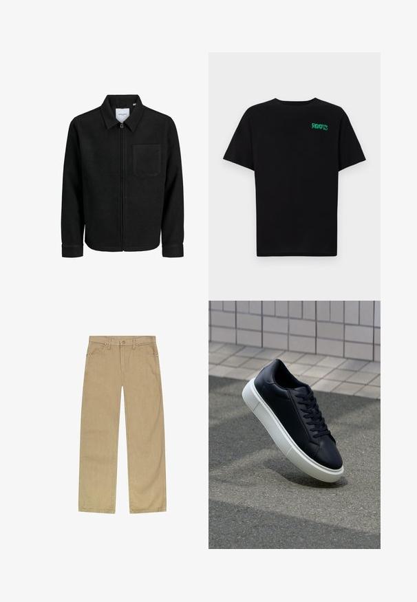 Crna jakna na zip s ovratnikom i jednim džepom na prsima, prikazana na bijeloj pozadini.; Crna majica kratkih rukava od pamuka. Na prednjem dijelu se nalazi zeleni "ROOTS" logo, okrugli izrez i standardni kroj.; Bež hlače od pamučnog tvrdi tuš sa ravnim nogavicom, pet džepova, prednjim kopčanjem na dugme i zakovicama u boji bakra za izdržljivost.; Crne kožne tenisice s zaobljenim vrhom i bijelim gumiranim potplatom. Imaju ravne vezice i minimalno šivanje na gornjem dijelu. Teksturirani potplat za bolje prianjanje.