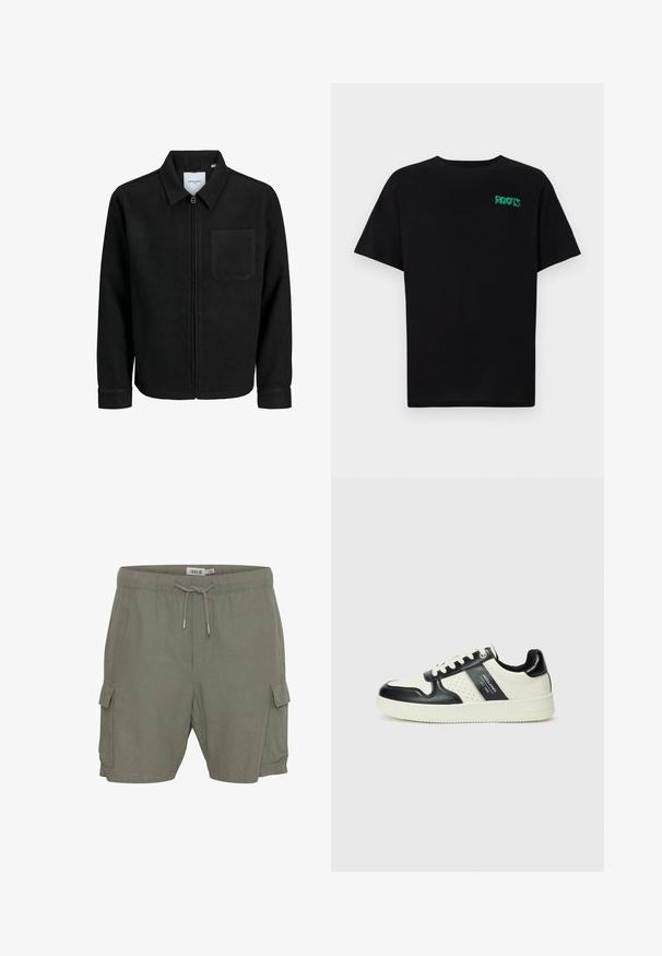 Sort lynlåsjakke med krave og en enkelt brystlomme, vist på hvid baggrund.; Sort t-shirt lavet af bomuld med korte ærmer. Har et grønt "ROOTS" logo på forsiden, rund halsudskæring og almindelig pasform.; Cargo shorts i olivenfarvet stof, med en snoretræk i taljen, sidelommer og et let, struktureret materiale.; Lædersneakers i sort og creme farveskema, med perforerede detaljer, en polstret krave og en struktureret ydersål.