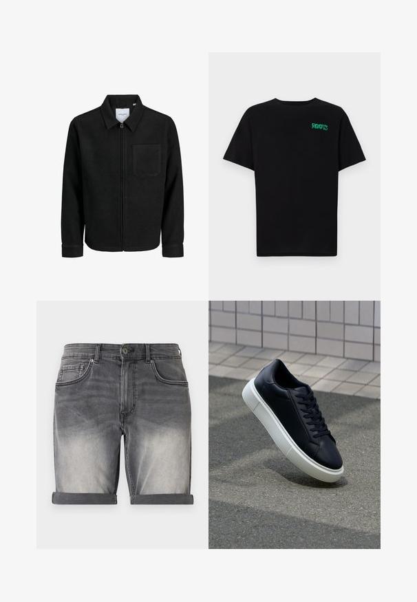 Musta vetoketjullinen takki, jossa on kaulus ja yksi rintatasku, esitelty valkoista taustaa vasten.; Mustat t-paidat, jotka on valmistettu puuvillasta ja joissa on lyhyet hihat. Edessä vihreä "ROOTS"-logo, pyöreä kaula-aukko ja normaali istuvuus.; Farkkushortsit haalistuneessa mustassa värissä, käännetyllä helmalla, viidellä taskulla ja hienovaraisella kulutuksella edessä. Klassinen nappisulku.; Mustat nahkakengät, joissa on pyöristetty kärki ja valkoinen kumipohja. Varusteena litteät nauhat ja minimaalinen ommel ylhäällä. Teksturoitu pohja pitävyyden lisäämiseksi.