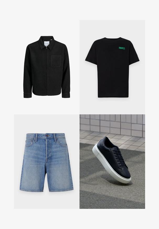 Fekete, zipzáros dzseki gallérral és egyetlen mellzsebbel, fehér háttéren.; Fekete, pamutból készült póló rövid ujjakkal. Elöl zöld "ROOTS" logóval, kerek nyakkivágással és normál szabással.; Világoskék farmer sort, magas derékkal, hagyományos öt zsebes tervezéssel és kontrasztos varrással az illesztések mentén.; Fekete bőr sportcipő lekerekített orral és fehér gumitalppal. Lapos fűzőkkel és minimális varrásokkal rendelkezik a felsőrészén. Mintás talp a tapadásért.