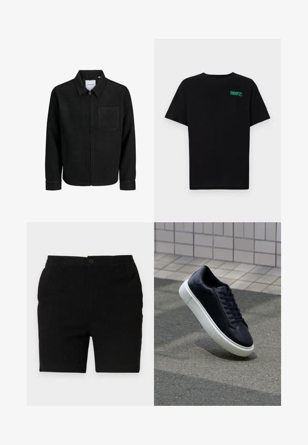 Melna jaka ar rāvējslēdzēju un apkakli, vienu krūšu kabatu, parādīta uz baltas fona.; Melna kokvilnas t-kreka ar īsām piedurknēm. Uz priekšu ir zaļa "ROOTS" logo, apaļa kakla izgriezums un standarta piegriezums.; Melnas šortus ar teksturētu audumu, elastīgu jostasvietu un vienu pogu aizdari. Izstrādāti ikdienas valkāšanai ar taisnu lejasdaļu.; Melnas ādas kedas ar noapaļotu pirkstu un baltu gumijas zoli. Iespējas - plakanas šņorītes un minimāla apdare augšdaļā. Struktūrēta zole, lai nodrošinātu saķeri.