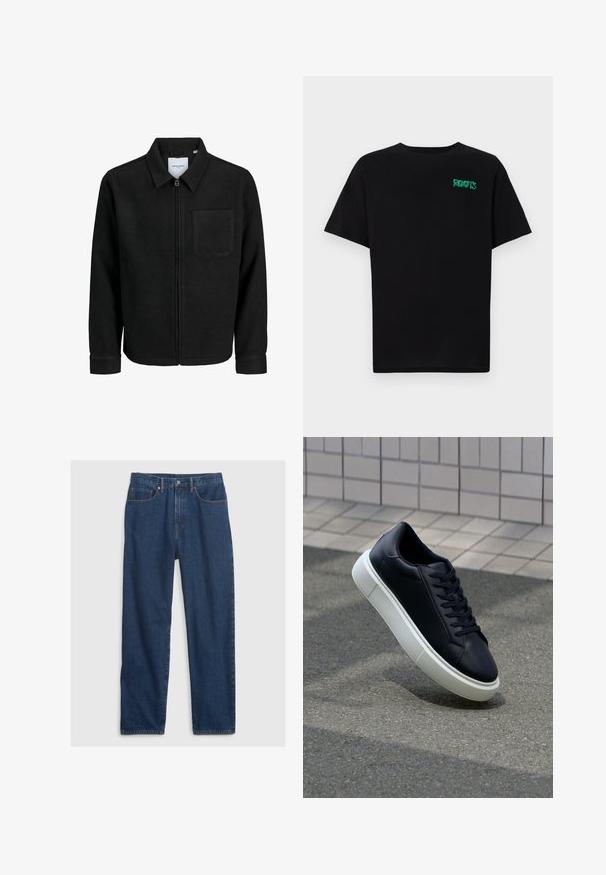 Melna jaka ar rāvējslēdzēju un apkakli, vienu krūšu kabatu, parādīta uz baltas fona.; Melna kokvilnas t-kreka ar īsām piedurknēm. Uz priekšu ir zaļa "ROOTS" logo, apaļa kakla izgriezums un standarta piegriezums.; Tumši zili džinsi ar taisnu griezumu, piecu kabatu dizains, augšējais pogas slēdzis un varš rievoto akcenti.; Melnas ādas kedas ar noapaļotu pirkstu un baltu gumijas zoli. Iespējas - plakanas šņorītes un minimāla apdare augšdaļā. Struktūrēta zole, lai nodrošinātu saķeri.
