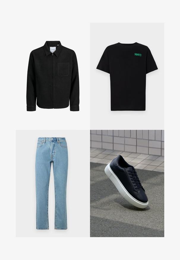 Crna jakna na zip s ovratnikom i jednim džepom na prsima, prikazana na bijeloj pozadini.; Crna majica kratkih rukava od pamuka. Na prednjem dijelu se nalazi zeleni "ROOTS" logo, okrugli izrez i standardni kroj.; Svijetloplave traperice ravnog kroja, sa narančastim šavovima, kopčanjem na dugme i klasičnim dizajnom s pet džepova.; Crne kožne tenisice s zaobljenim vrhom i bijelim gumiranim potplatom. Imaju ravne vezice i minimalno šivanje na gornjem dijelu. Teksturirani potplat za bolje prianjanje.