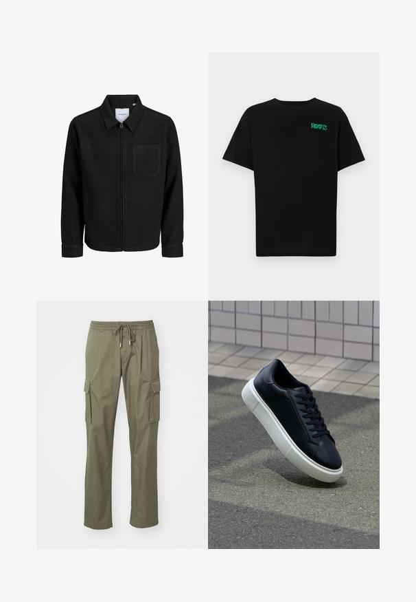 Svart zip-jacka med krage och en enda bröstficka, visad på vit bakgrund.; Svart t-shirt i bomull med korta ärmar. Har en grön "ROOTS" logotyp på framsidan, rund halsringning och standard passform.; Olivgrön cargobyxor i mjukt bomullstyg, med två sidofickor och resårmidja med dragsko.; Svart lädersneaker med rundad tå och vit gummisula. Har platta snören och minimal sömnad på ovansidan. Texturerad sula för grepp.