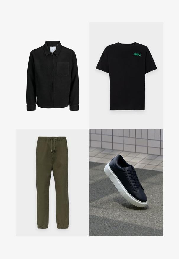 Črna jakna z zadrgo in ovratnikom ter enim žepom na prsih, prikazana na beli podlagi.; Črna majica iz bombaža z kratkimi rokavi. Na sprednji strani ima zeleno logotip "ROOTS", okroglo ovratnico in standardno prileganje.; Hlače iz bombažne mešanice olivno zelene barve z elastičnim pasom, z vrvico za zategovanje in zoženimi nogami z elastičnimi manšetami. Gladka tekstura, brez vzorcev.; Črne usnjene superge z zaobljenim prstom in belim gumijastim podplat. Imajo ravne vezalke in minimalno šivanje na zgornjem delu. Teksturirani podplat za oprijem.