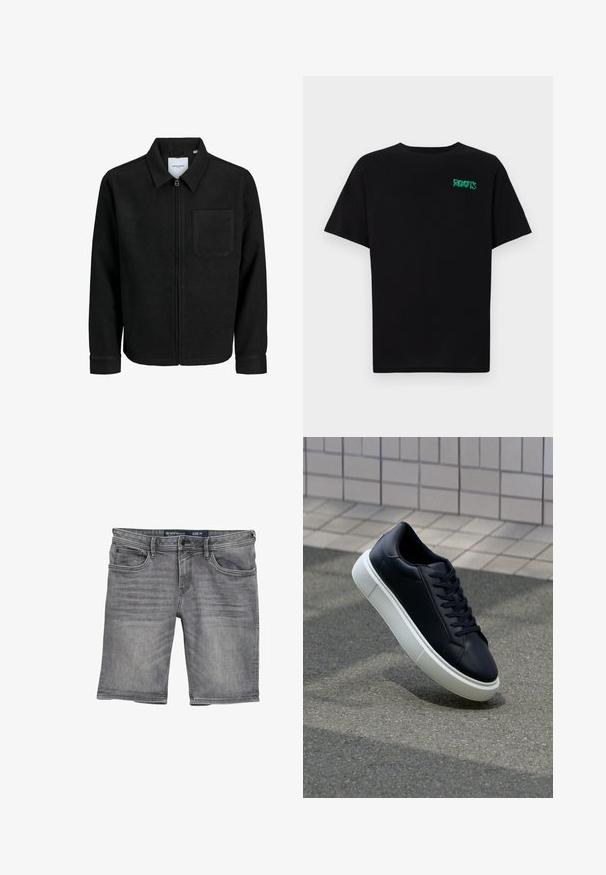 Crna jakna na zip s ovratnikom i jednim džepom na prsima, prikazana na bijeloj pozadini.; Crna majica kratkih rukava od pamuka. Na prednjem dijelu se nalazi zeleni "ROOTS" logo, okrugli izrez i standardni kroj.; Sive teksas šorts s ravnim krojem, s pet džepova, zatvaranjem na dugme i patentni zatvarač, te svjetlijim izblijedjenjem na tkanini. Veličina M.; Crne kožne tenisice s zaobljenim vrhom i bijelim gumiranim potplatom. Imaju ravne vezice i minimalno šivanje na gornjem dijelu. Teksturirani potplat za bolje prianjanje.