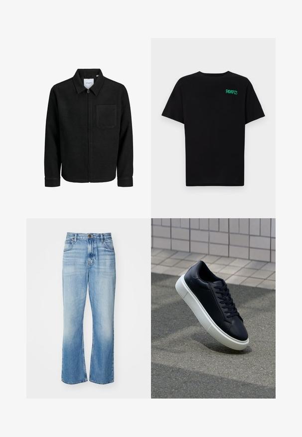 Czarna kurtka z zamkiem na całej długości, z kołnierzem i jedną kieszenią na piersi, umieszczona na białym tle.; Czarna koszulka z bawełny z krótkim rękawem. Posiada zielone logo "ROOTS" z przodu, okrągły dekolt i standardowy krój.; Jasnoniebieskie dżinsy w stylu dzwonów z wysokim stanem, wyblakłym wykończeniem, pięcioma kieszeniami i kontrastowymi szwami. Klasyczne zapięcie na guzik i zamek błyskawiczny.; Czarne skórzane sneakersy z okrągłym noskiem i białą gumową podeszwą. Posiadają płaskie sznurowadła i minimalne przeszycia na cholewce. Teksturowana podeszwa zapewnia przyczepność.
