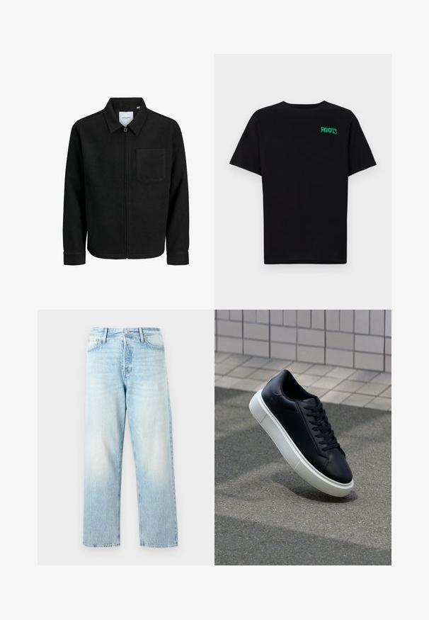 Veste zippée noire avec col et poche poitrine unique, présentée sur fond blanc.; T-shirt noir en coton à manches courtes. Présente un logo "ROOTS" vert sur le devant, un col rond et une coupe standard.; Jean en denim bleu clair avec une coupe droite, finition délavée et couture visible. Dispose d'une fermeture à bouton et zip classique.; Baskets noires en cuir avec bout arrondi et semelle en caoutchouc blanc. Elles présentent des lacets plats et une couture minimale sur la tige. Semelle texturée pour une bonne adhérence.