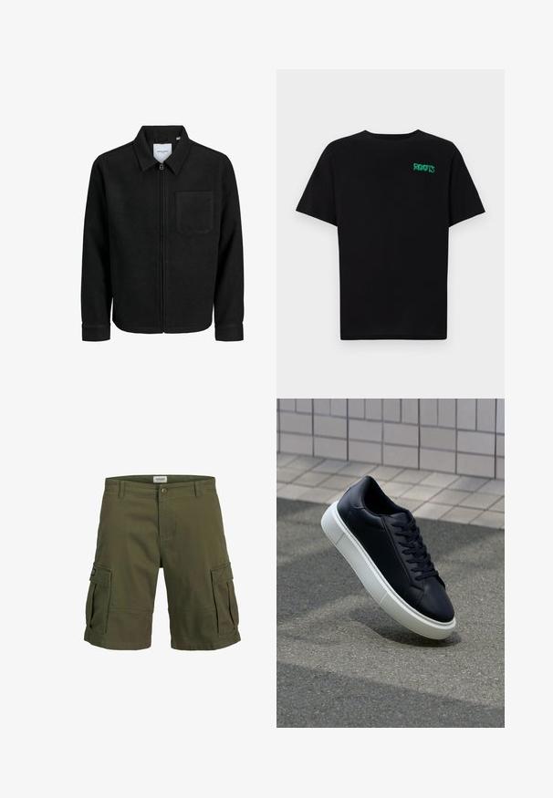 Czarna kurtka z zamkiem na całej długości, z kołnierzem i jedną kieszenią na piersi, umieszczona na białym tle.; Czarna koszulka z bawełny z krótkim rękawem. Posiada zielone logo "ROOTS" z przodu, okrągły dekolt i standardowy krój.; Olive zielone szorty cargo wykonane z bawełny, z dwoma dużymi bocznymi kieszeniami, z zapięciem na guzik i prostym krojem.; Czarne skórzane sneakersy z okrągłym noskiem i białą gumową podeszwą. Posiadają płaskie sznurowadła i minimalne przeszycia na cholewce. Teksturowana podeszwa zapewnia przyczepność.