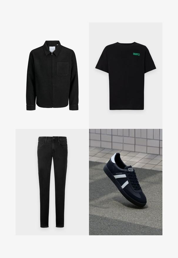 Mustaga lukuga jakker, millel on krae ja üks rinna-tasku, esitatud valgel taustal.; Must t-särk, mis on valmistatud puuvillast, lühikeste varrukatega. Esipaneelil on roheline "ROOTS" logo, ümmargune kaelus ja tavapärane lõige.; Mustad denimpliid, kitsas lõige, viie taskuga disain, nähtav õmblus, esi-nuppude sulgemine ja minimalistlik brändingutunne tagataskus.; Must have musta sneaker musta valgete triipudega, tekstuurne kummitald ja nööridega esiosa. Omab bränditud märki keele peal.