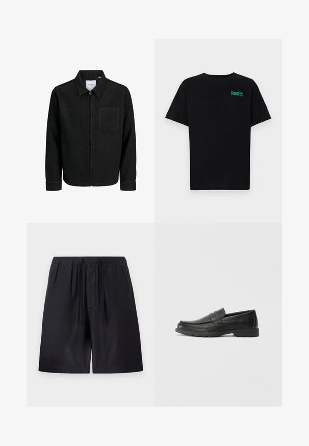 Veste zippée noire avec col et poche poitrine unique, présentée sur fond blanc.; T-shirt noir en coton à manches courtes. Présente un logo "ROOTS" vert sur le devant, un col rond et une coupe standard.; Shorts noirs avec une taille élastique, dotés d'un cordon de serrage, de poches latérales et d'un tissu léger pour plus de confort. Coutures visibles.; Mocassins en cuir noir avec une finition lisse, tige de style moccasin, détails cousus et semelle en caoutchouc. Design classique avec un talon bas.